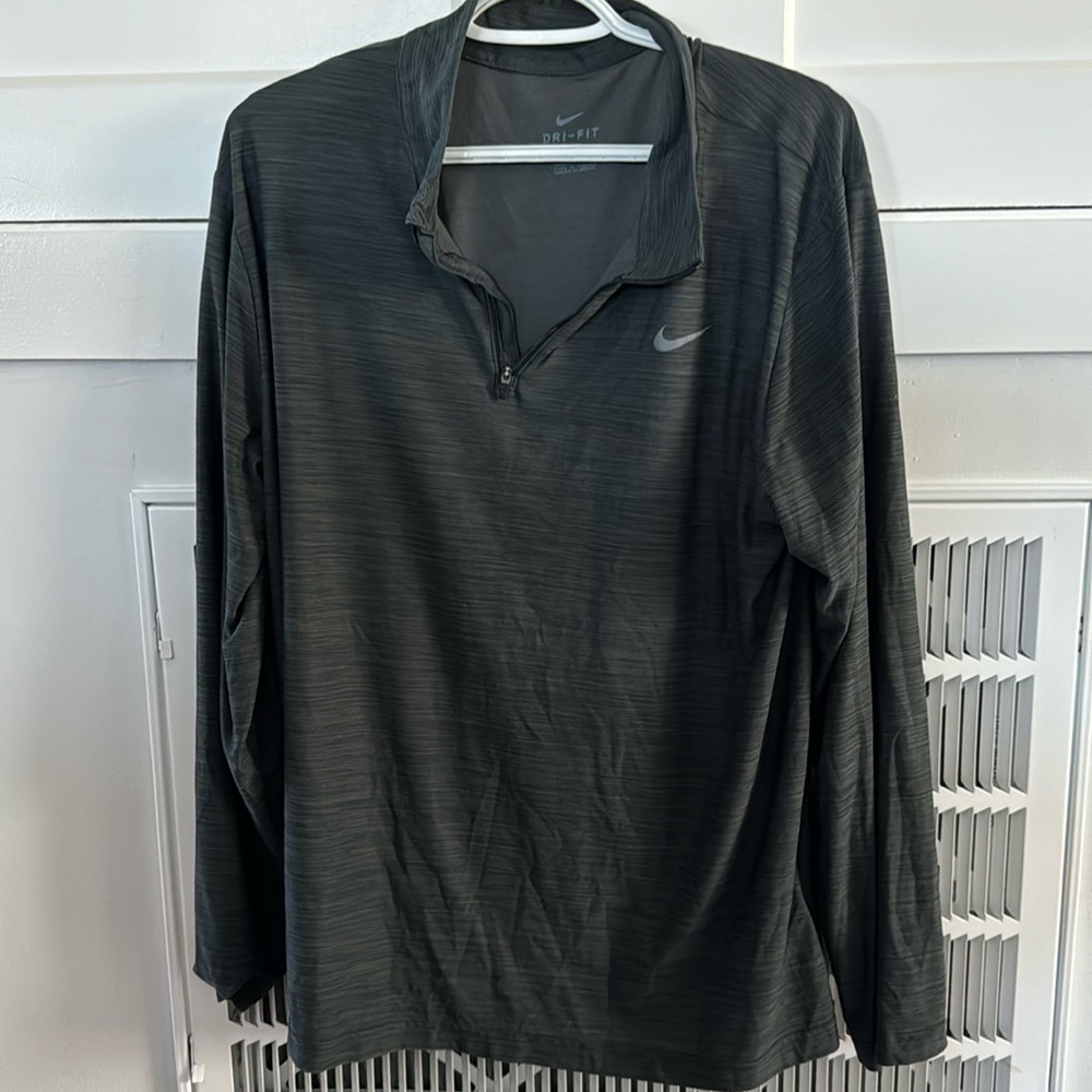 NIKE. Men’s, black w/ dark grey stripes (subtle), DRI FIT pullover.